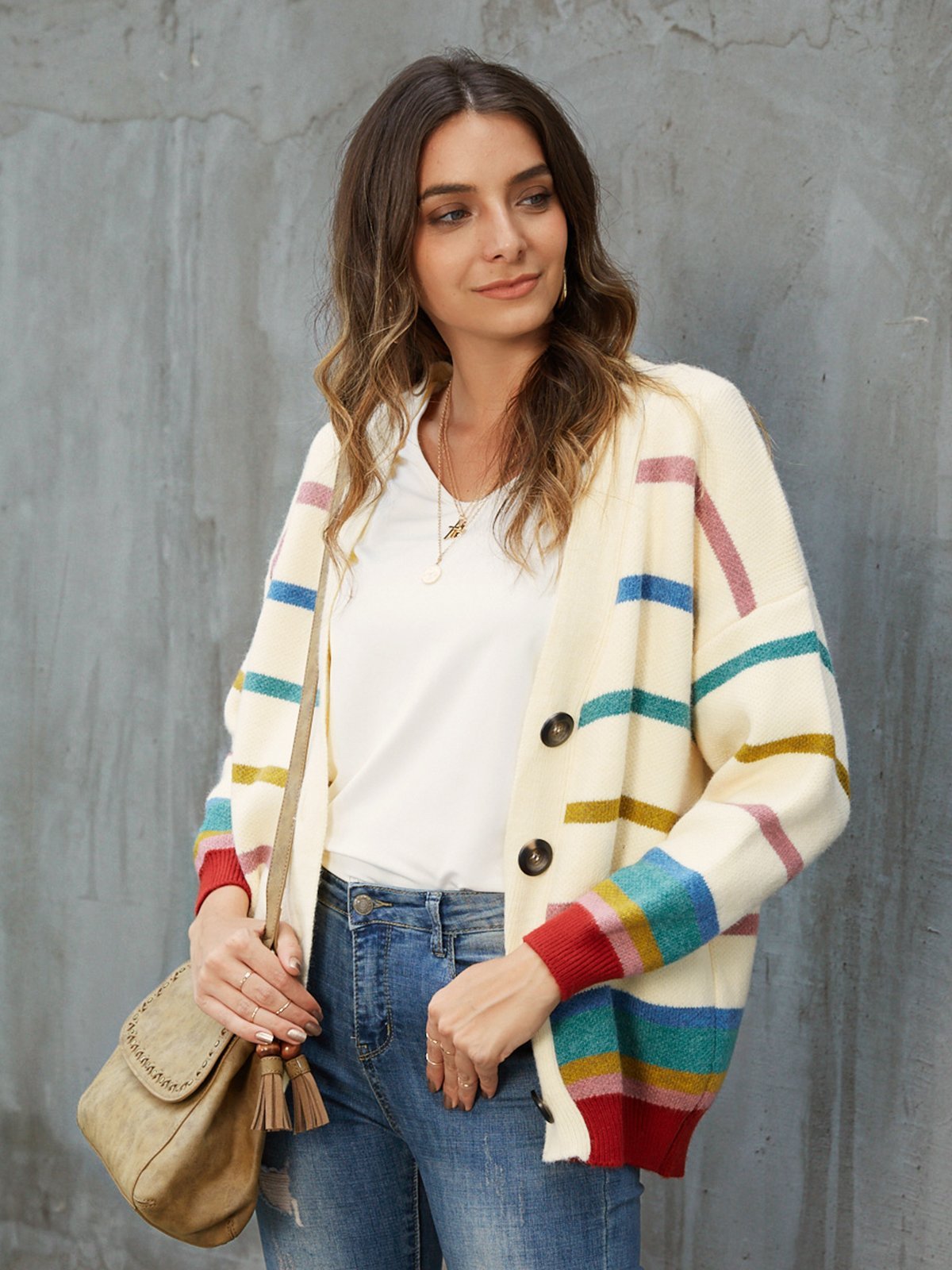 Beige Long Sleeve V Neck Sweater