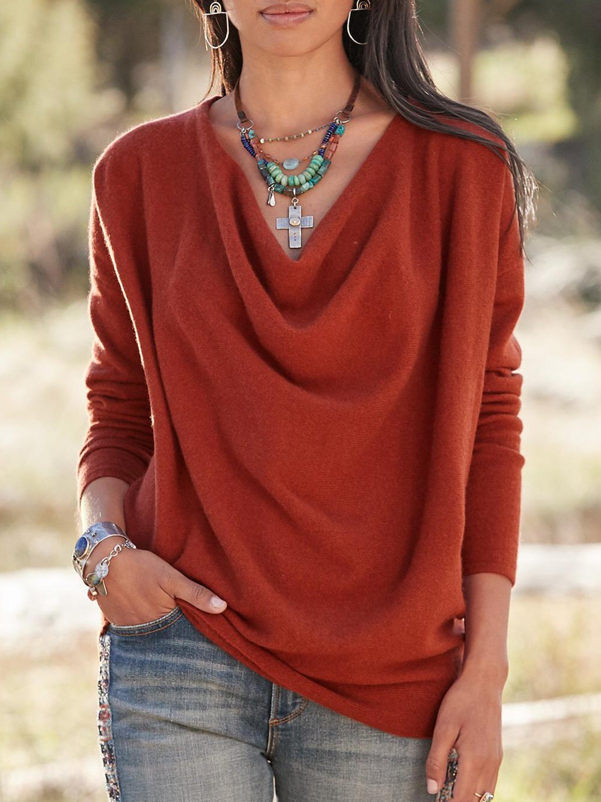 Solid Casual Cowl Neck Shirts & Tops