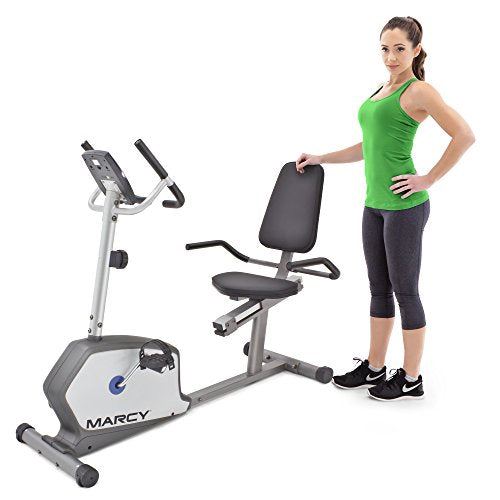 Marcy Recumbent Exercise Bike with Adjustable Seat and 8 Resistance Levels- Grey