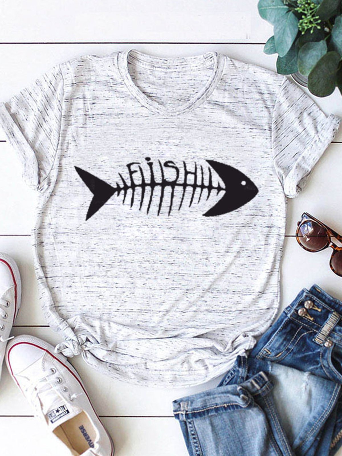 Casual Fish Bone Printing Crew Neck Short Sleeve T-Shirt