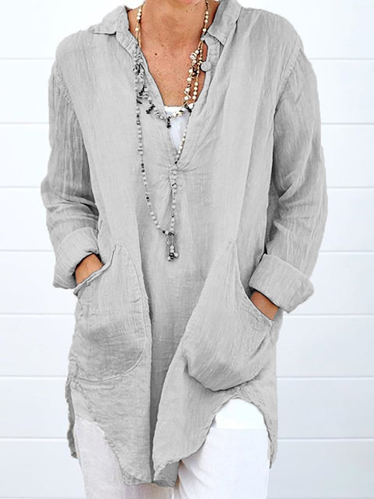 Double Pockets Long Sleeve Plus Size Shirts