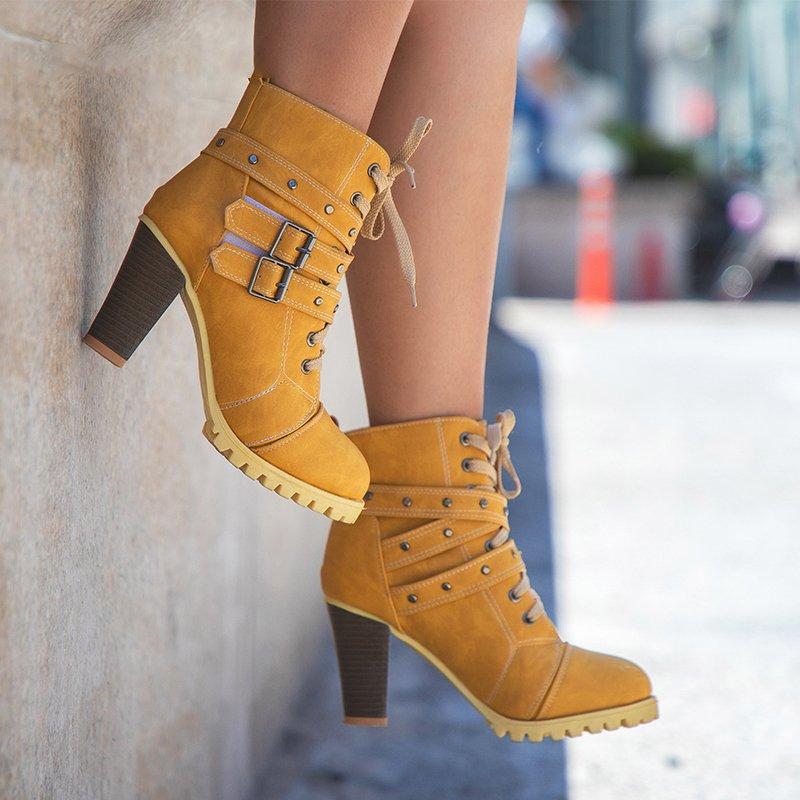 Women Lace Up Booties Casual Comfort Chunky Heel Shoes