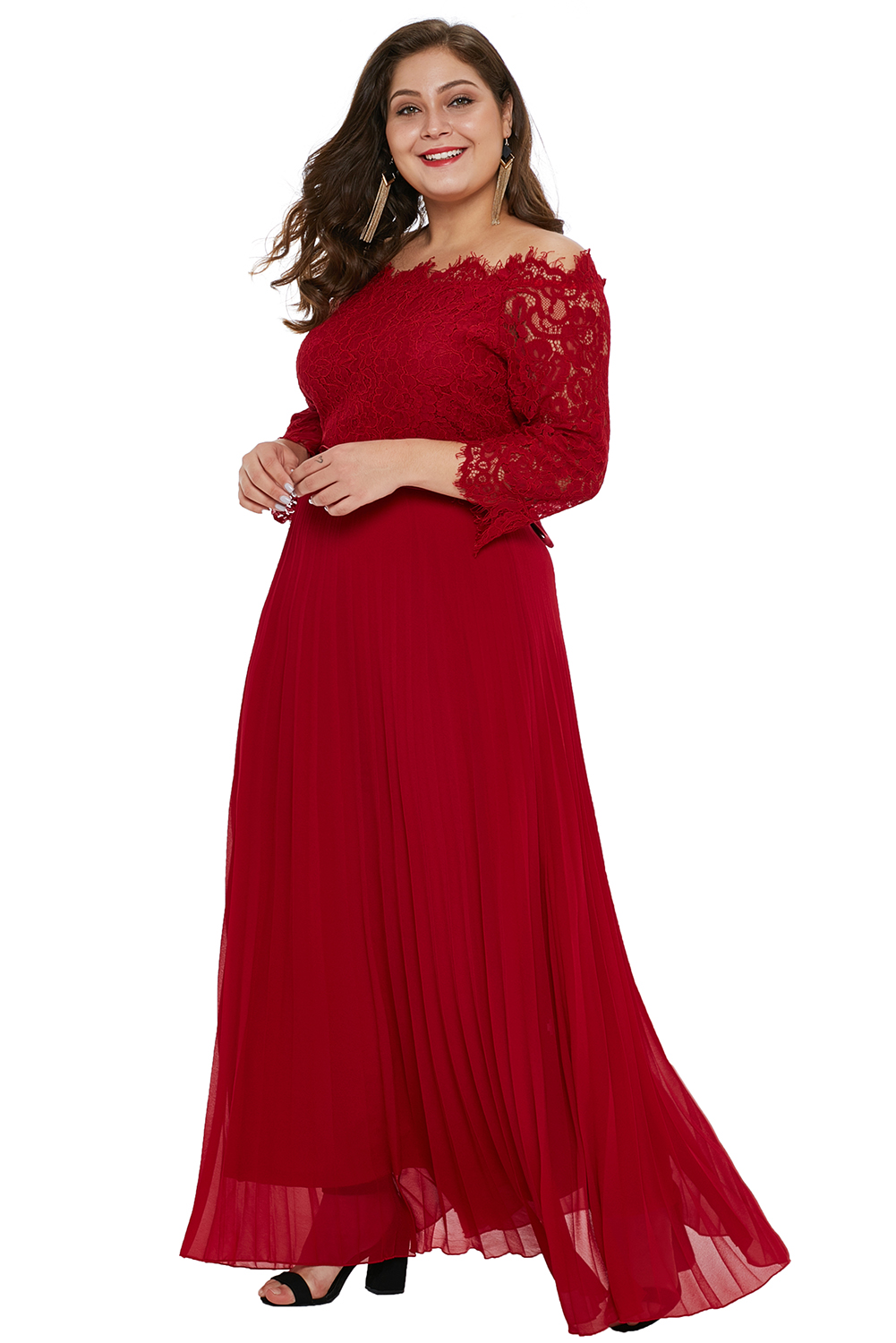 Red Lace Chiffon Plus Size Off Shoulder Maxi Dress