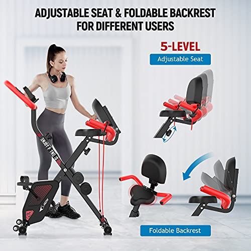 Pooboo Foldable Exercise Bike with Arm Resistance Bands- Black & Red