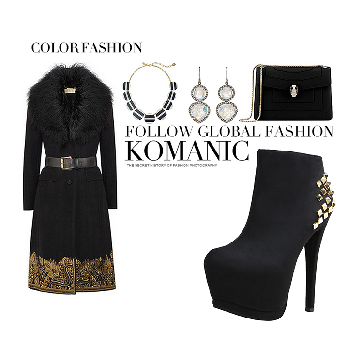 14CM Fashion Pump Platform Booties Rivets Pointed Dress Wedding Party Elegant Heeled Martin Boots