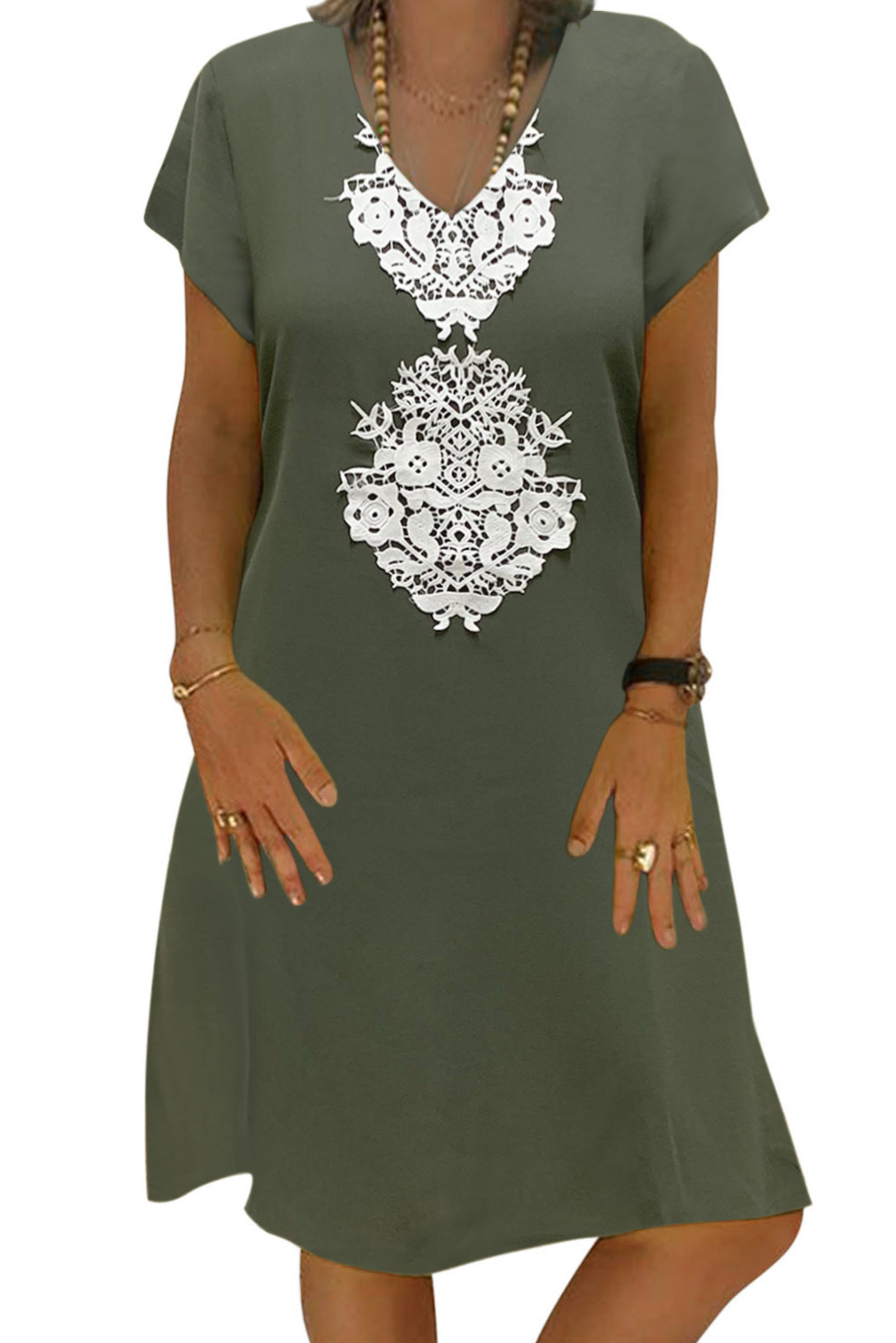 0708 Multi Size Green Summer Tribal Print V-Neck Shift Casual Dress