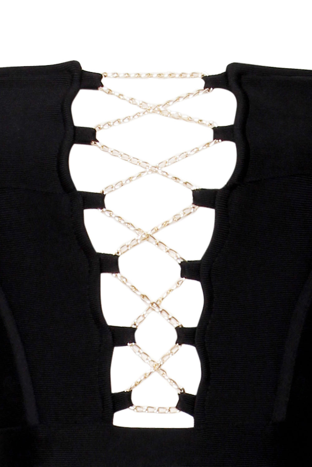 Gold Chain Crisscross Lace up Black Bandage Dress
