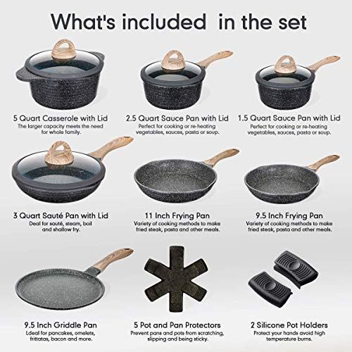 Nonstick, Induction Granite Coating Cookware Sets 18 Pieces with Frying Pan