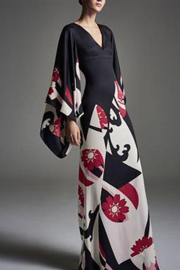 Elegant Fashion Slim Floral V Collar Flare Long Sleeve High Waist Maxi Evening Dress