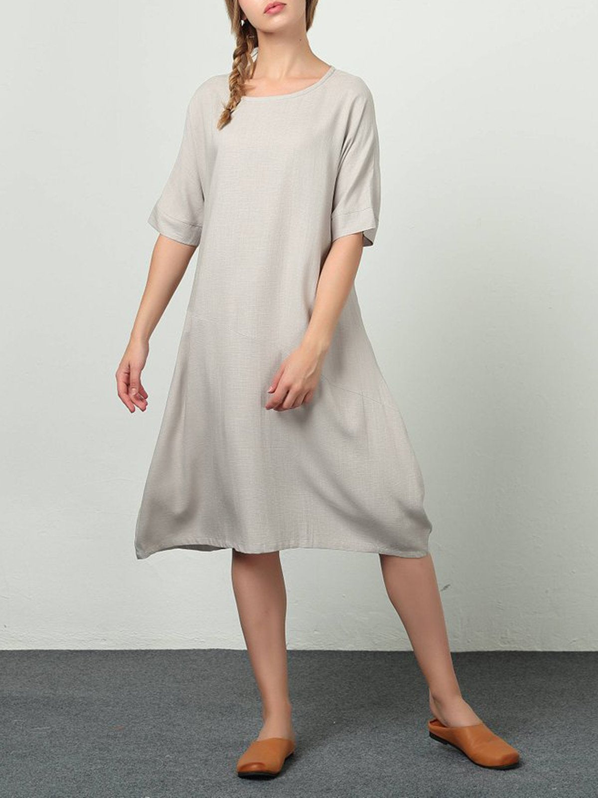 White Short Sleeve Crew Neck Cotton Dresses