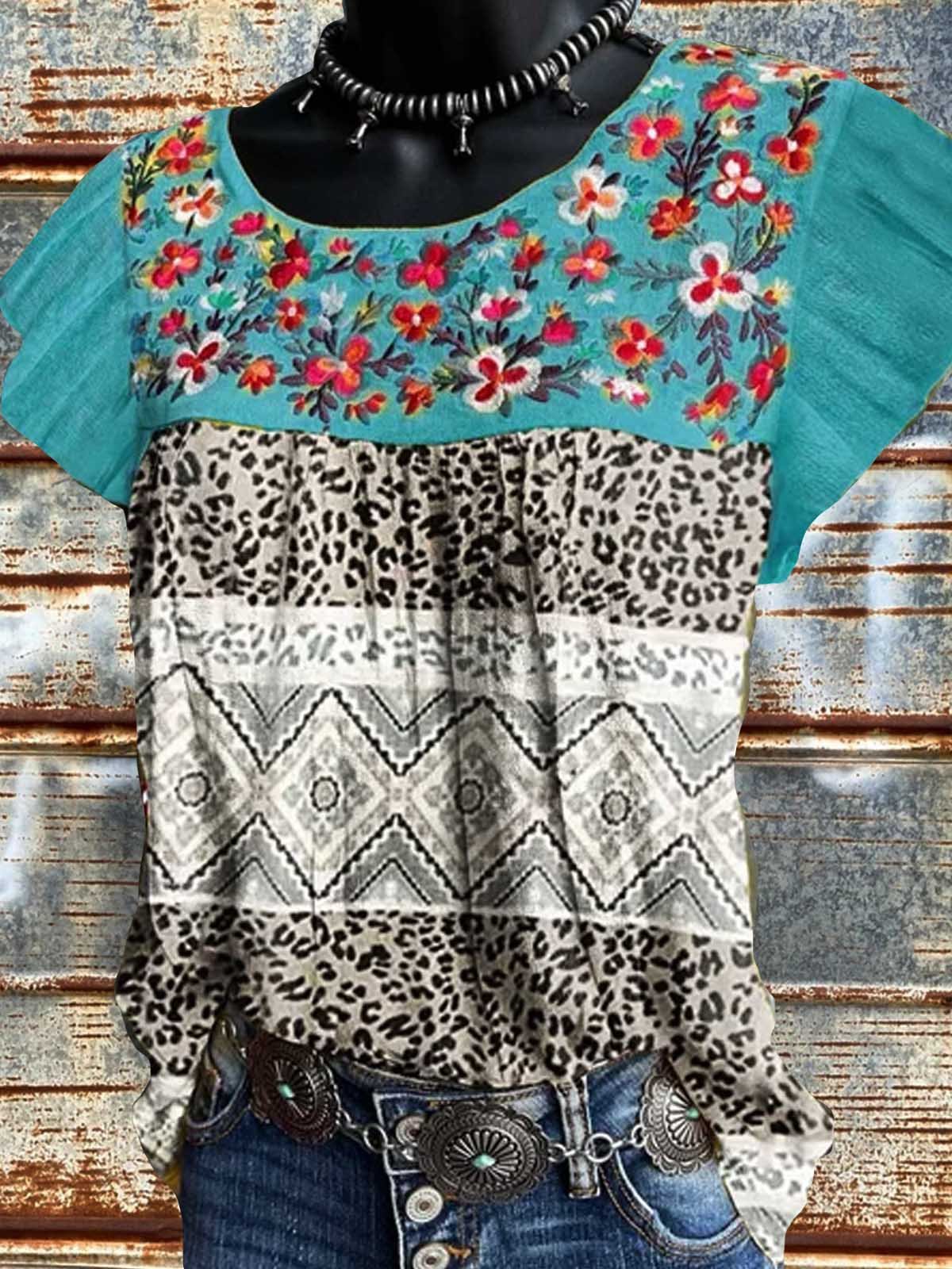 Short Sleeve Crew Neck Vintage Cotton-Blend Shirts & Tops