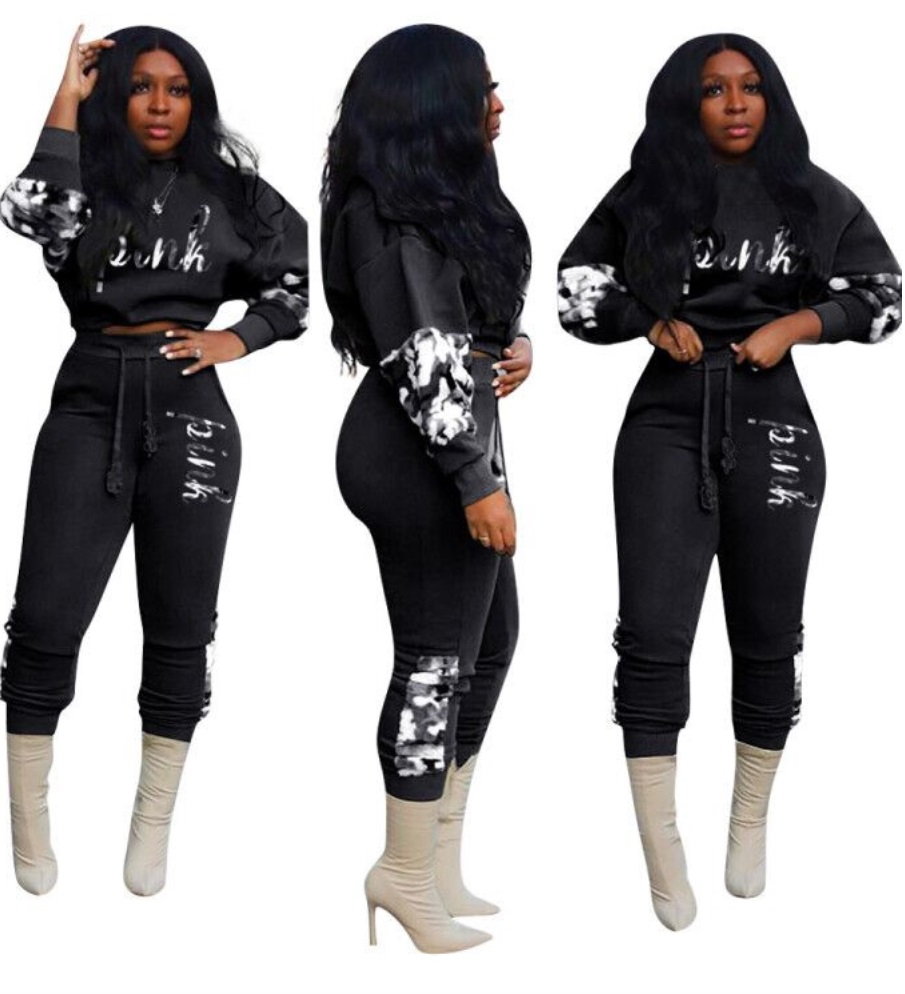 Print Long Sleeve Crop Top and Pants Set