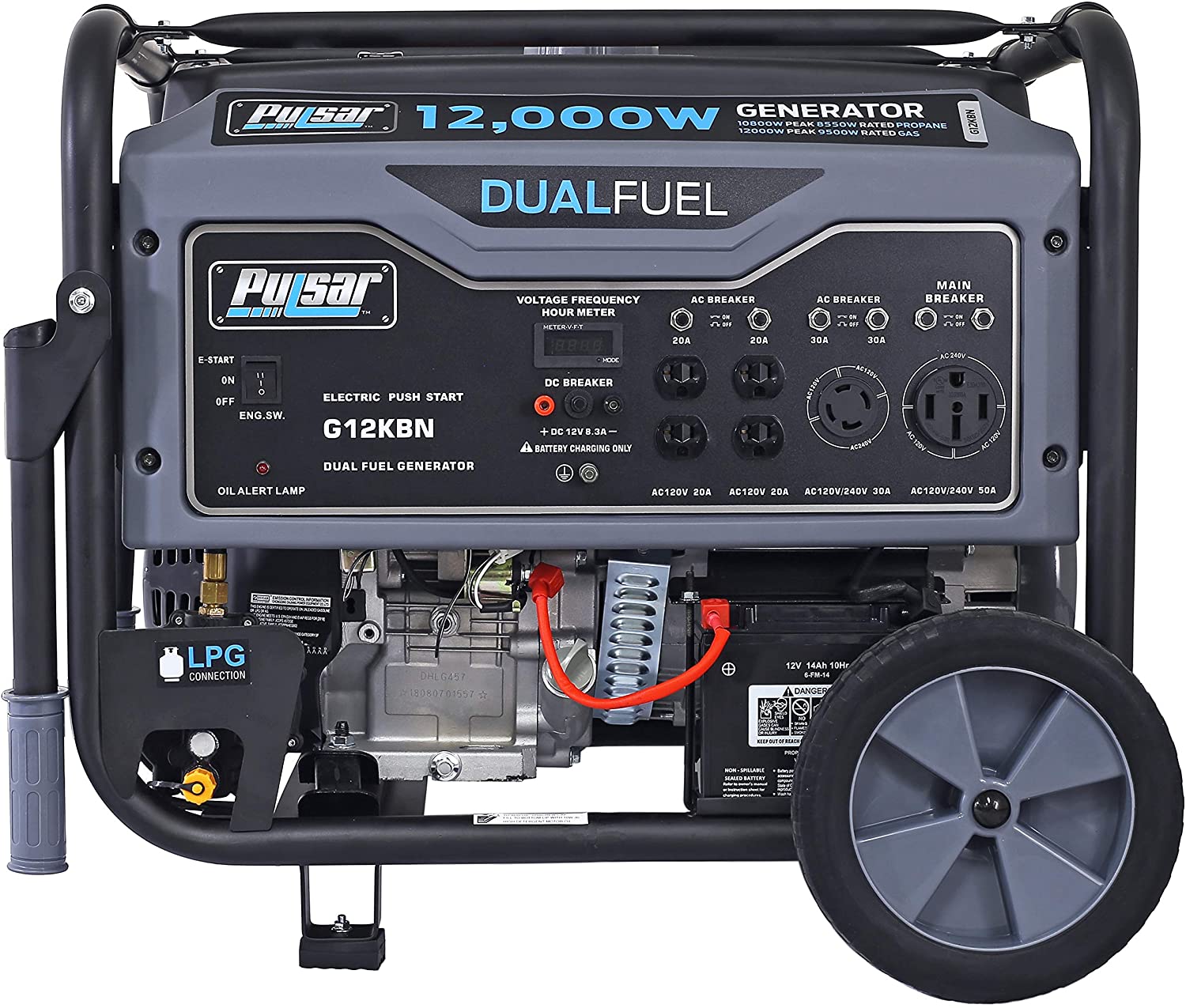 Pulsar G12KBN Heavy Duty Portable Dual Fuel Generator - 9500 Rated Watts & 12000 Peak Watts - Gas & LPG - Electric Start - Transfer Switch & RV Ready - CARB Compliant