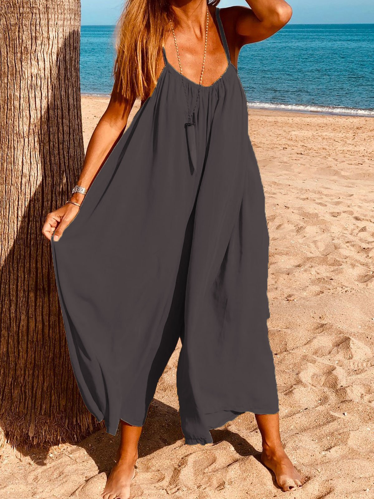 Women Casual Jumpsuits Solid Spaghetti Wide Leg Pants Jumpsuits
