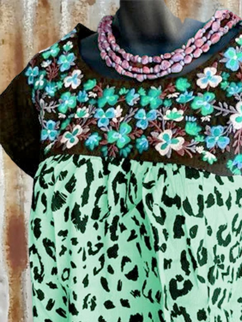 Short Sleeve Leopard Paneled Cotton-Blend Shirts & Tops