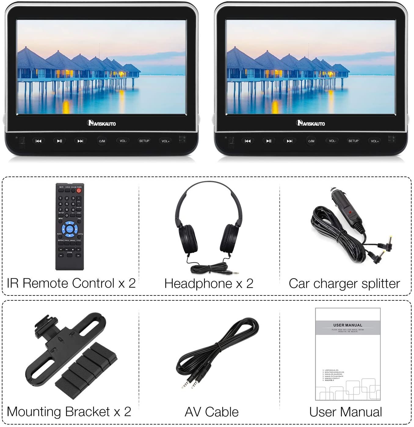 NAVISKAUTO 10.1��� Dual Car DVD Players with HDMI Input 2 Headphones