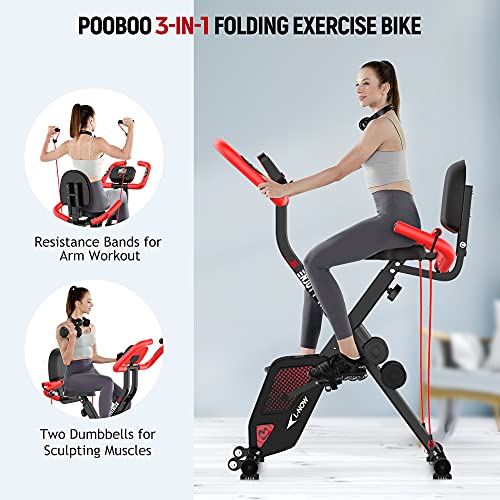 Pooboo Foldable Exercise Bike with Arm Resistance Bands- Black & Red