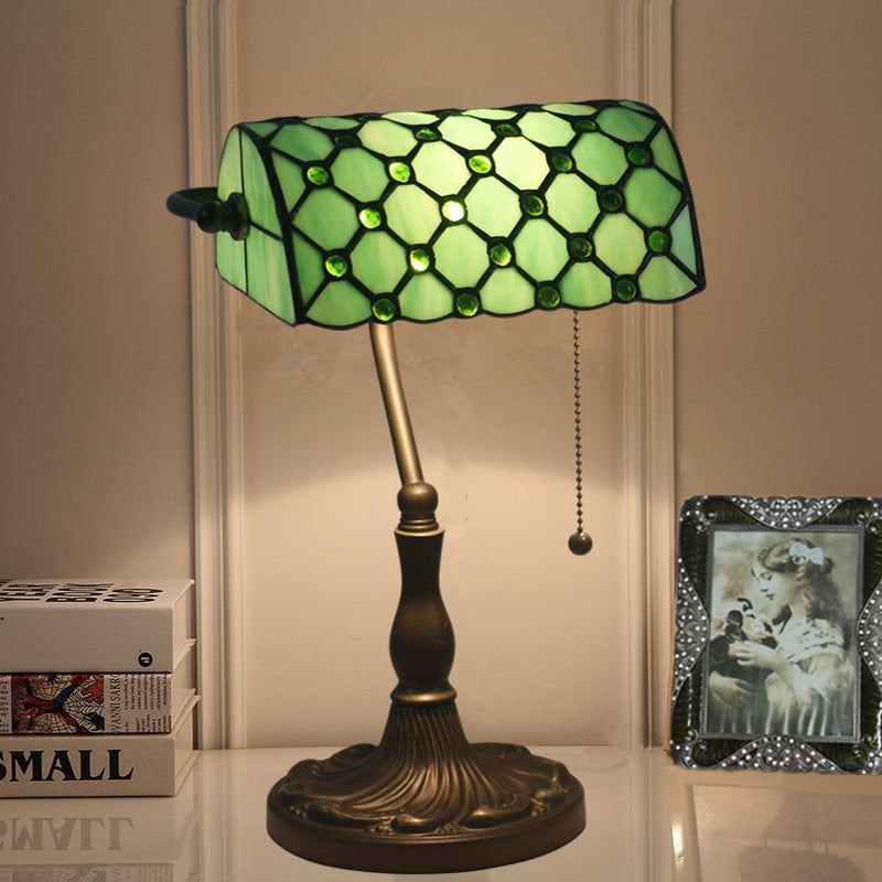 Tiffany Green Glass Table Lamp with Zipper Switch For Bar Cafe Bank Lamp Study Desk Light Fixture
