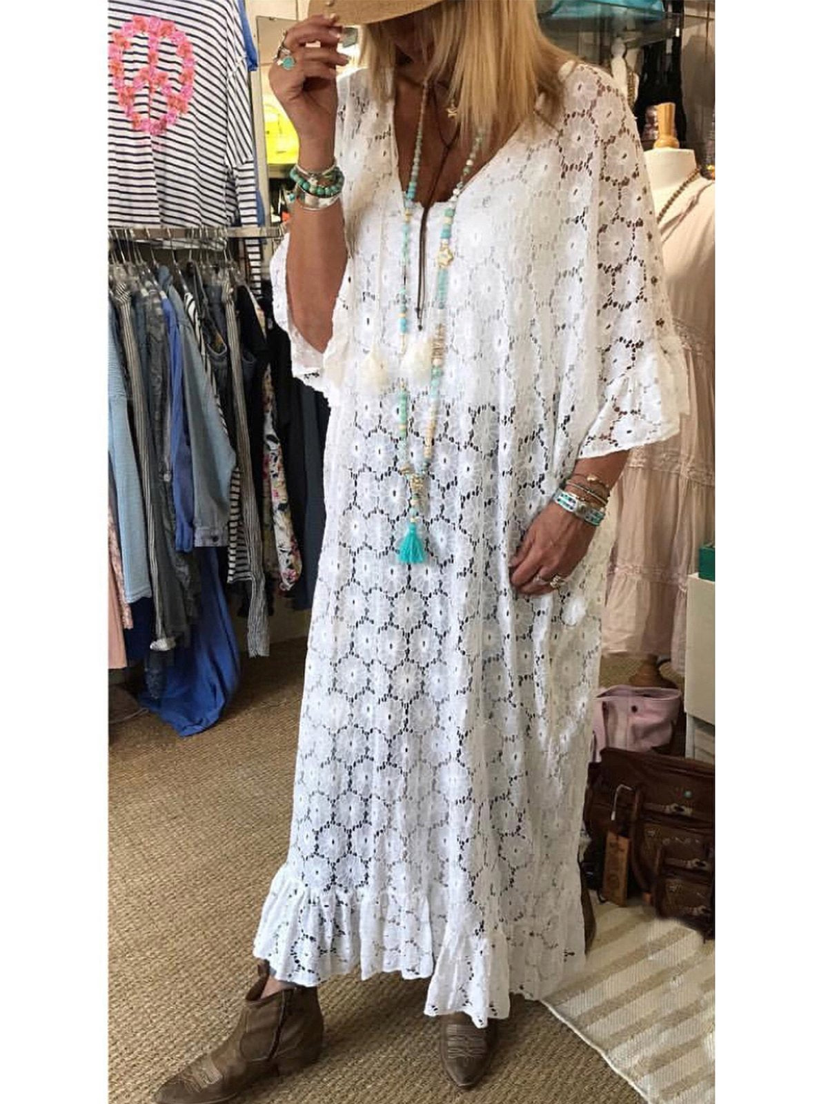 Boho Guipure Lace Short Sleeve Floral Dresses