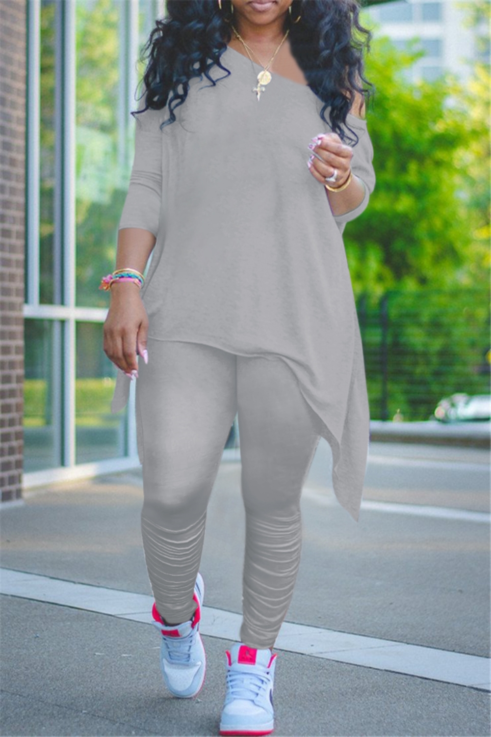 Casual African Two Piece Plain Stacked Pants Set