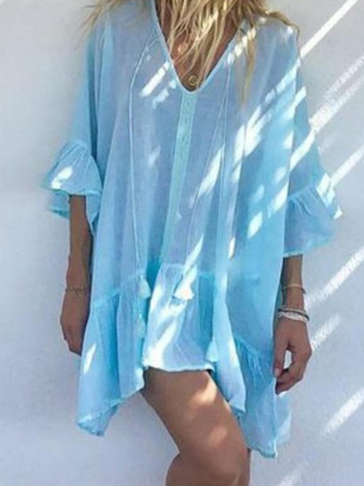 V Neck Plain Cotton Dresses