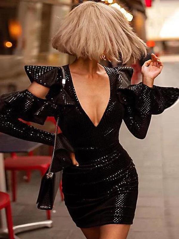 Fashion Hollow Out Bell Sleeve Deep V Sequins Bodycon Dresses