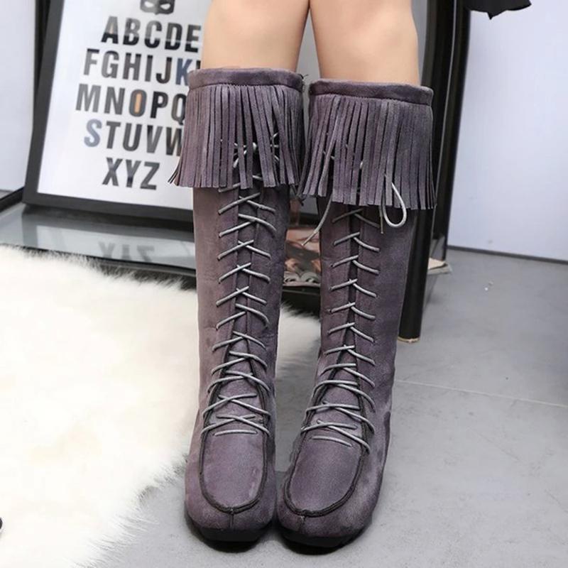 New women's round Toe Suede Tassel Knee High boots