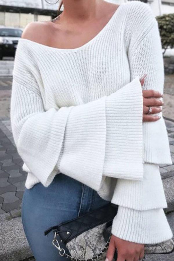 Trumpet Sleeve V-Neck Solid Color Knit Sweater