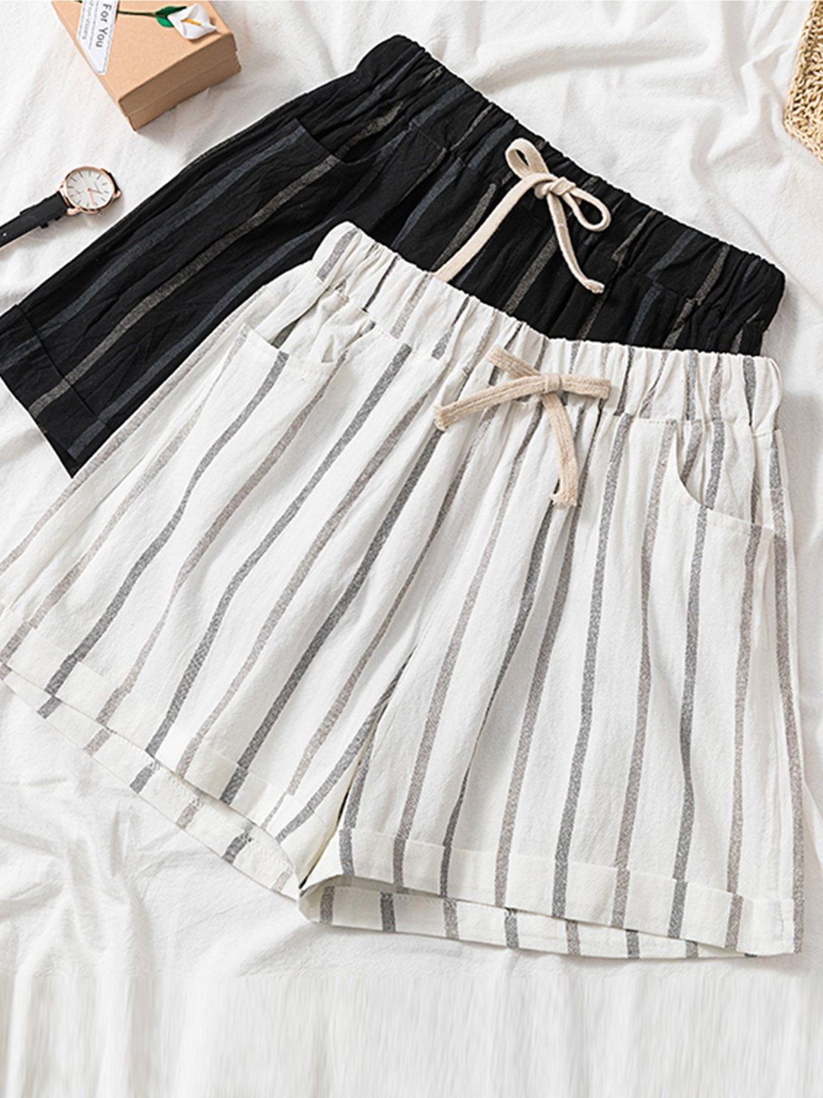 Plus Size Women Striped Casual Shorts