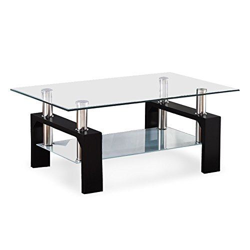 Mecor Rectangle Glass Coffee Table with Lower Shelf & Wooden Legs for Living Room