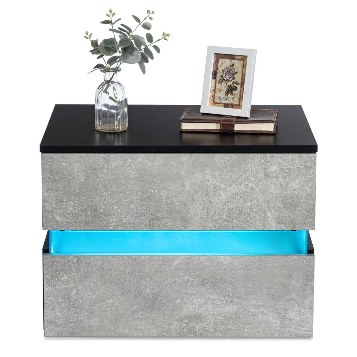 Modern LED Bedside Table High Gloss RGB Coffee Tables with 2 Drawers Sofa Side