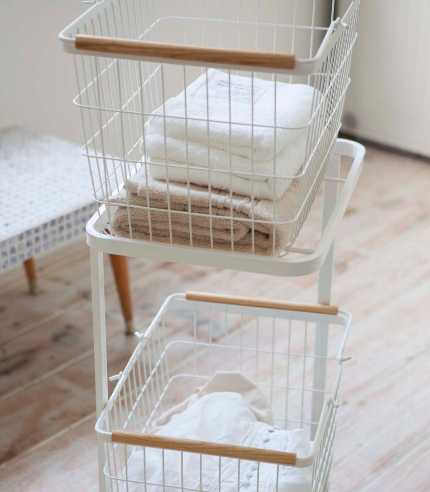 Rolling Laundry Cart + Wire Baskets – Steel + Wood