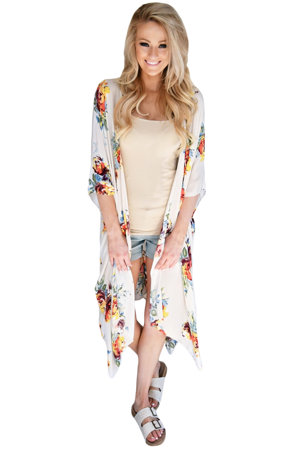 Ivory Floral Side Slit Boho Kimono