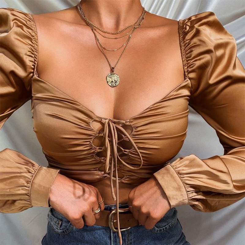 Autumn Vintage Solid Plain Lace Up Sexy Crop Top