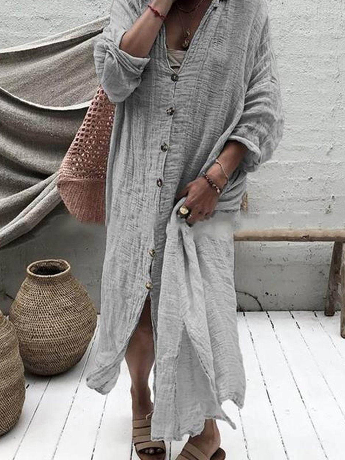 Buttoned Long Sleeve Dresses