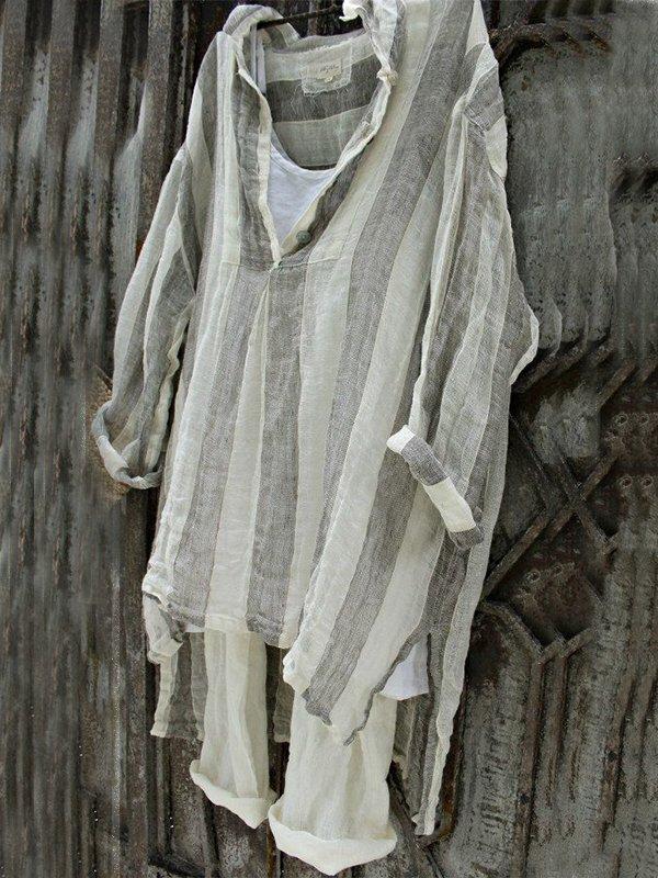 Casual V-Neck 3/4 Sleeve Striped Plus Size Bat Sleeve Tops
