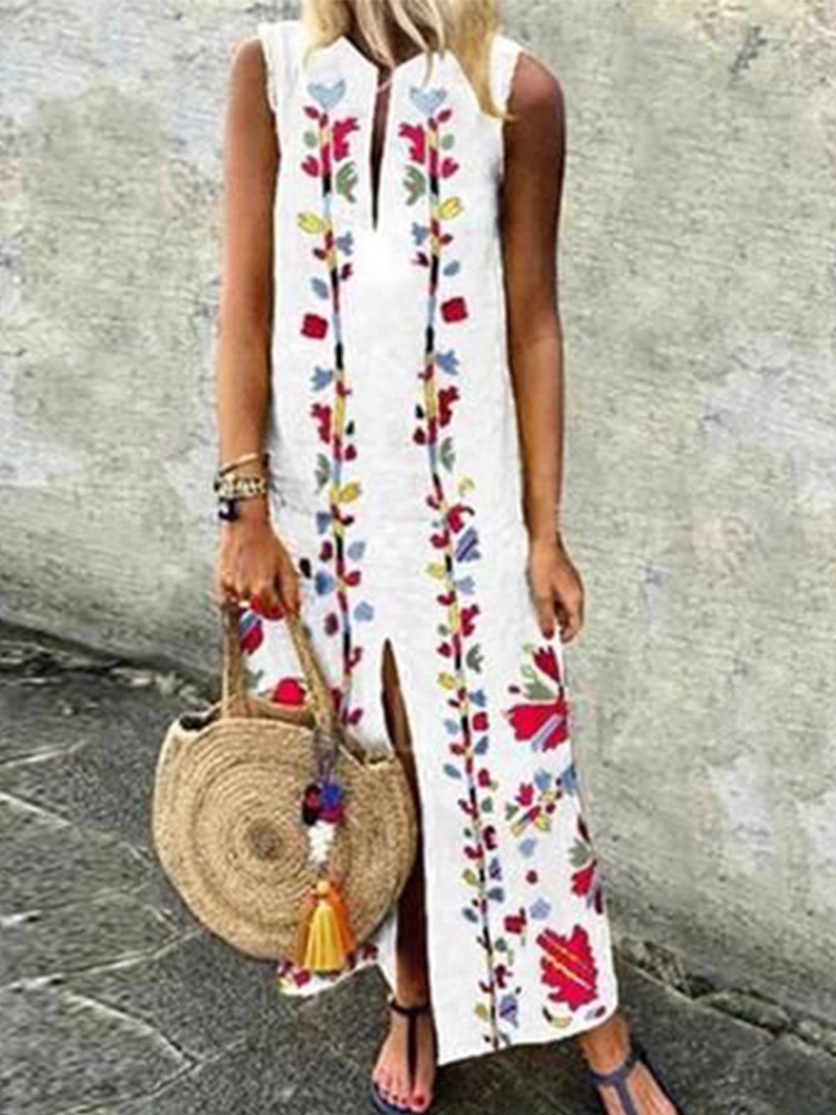 White Boho Cotton-Blend Sleeveless Dresses