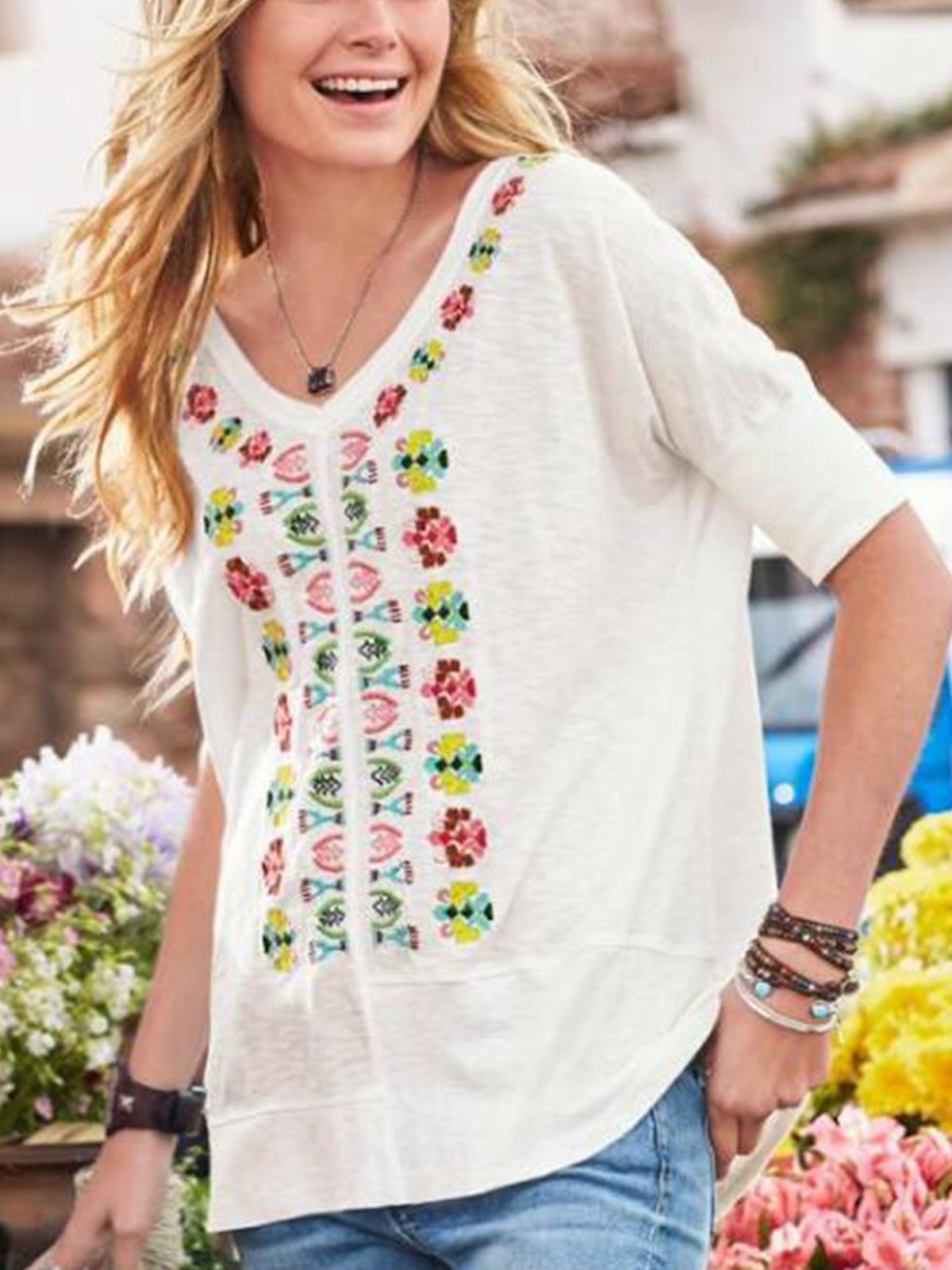 White Short Sleeve Printed V Neck Cotton-Blend Shirts & Tops