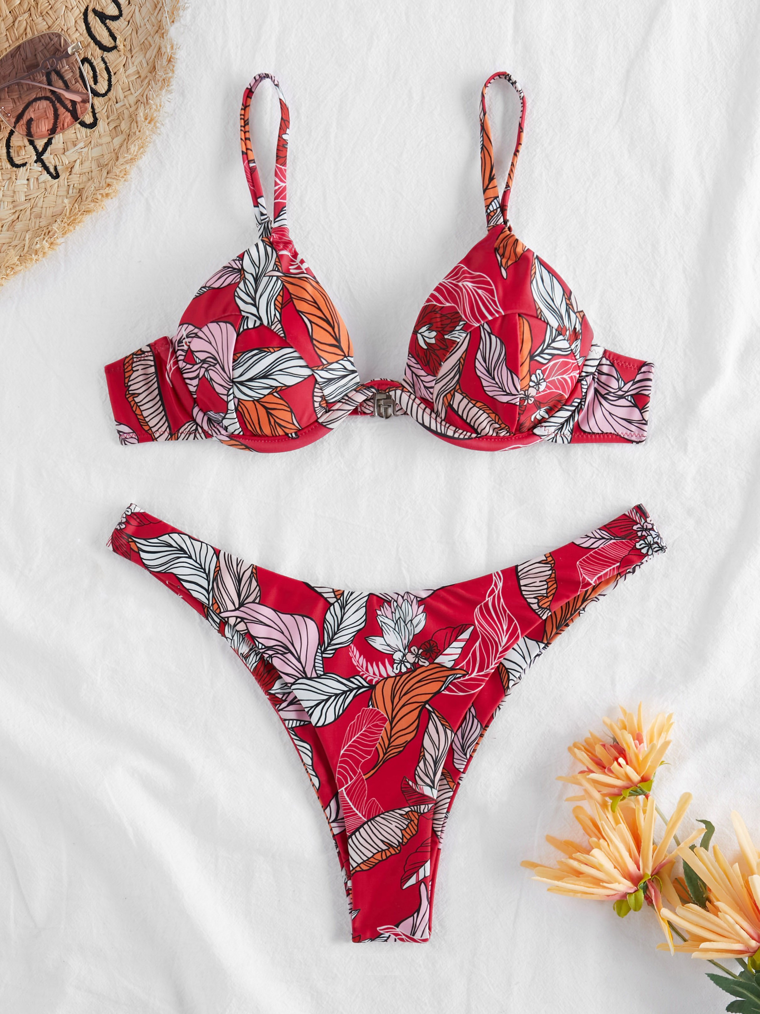 Retro Leaf Print High Cut Push Up Underwire Bikini