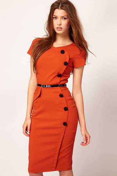 Casual Cap Sleeves Button Belt Decoration Orange Midi Dress