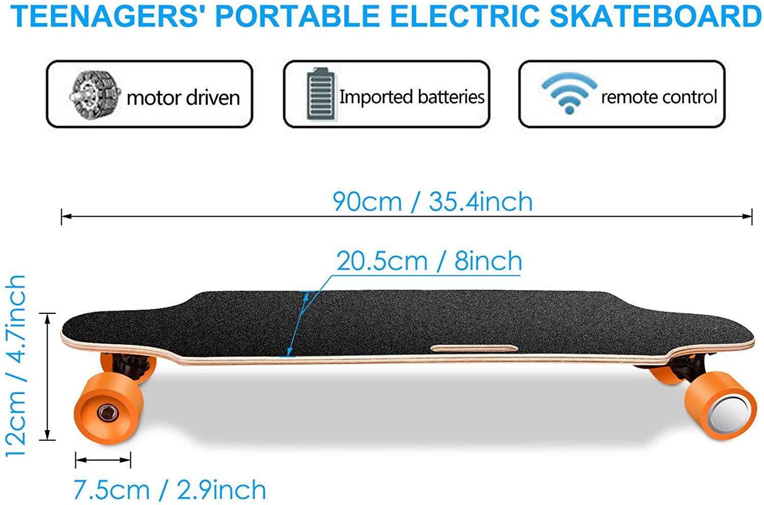 Electric with Wireless Remote Control Max Speed 12 MPH, 7 Layers Maple E-Skateboard
