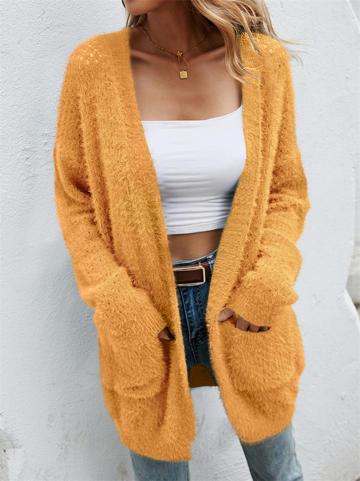 Fashion Open Front Knitted Solid Color Sweater Coat With Pockets