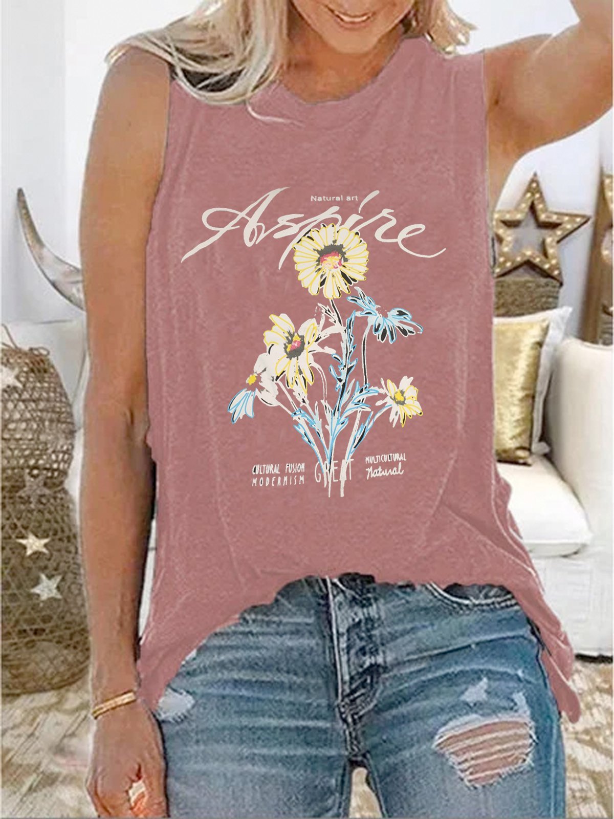 Casual summer loose sleeveless print T-shirt