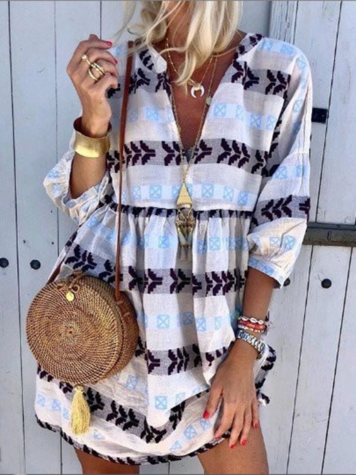 White Cotton-Blend Casual V Neck Stripes Dresses