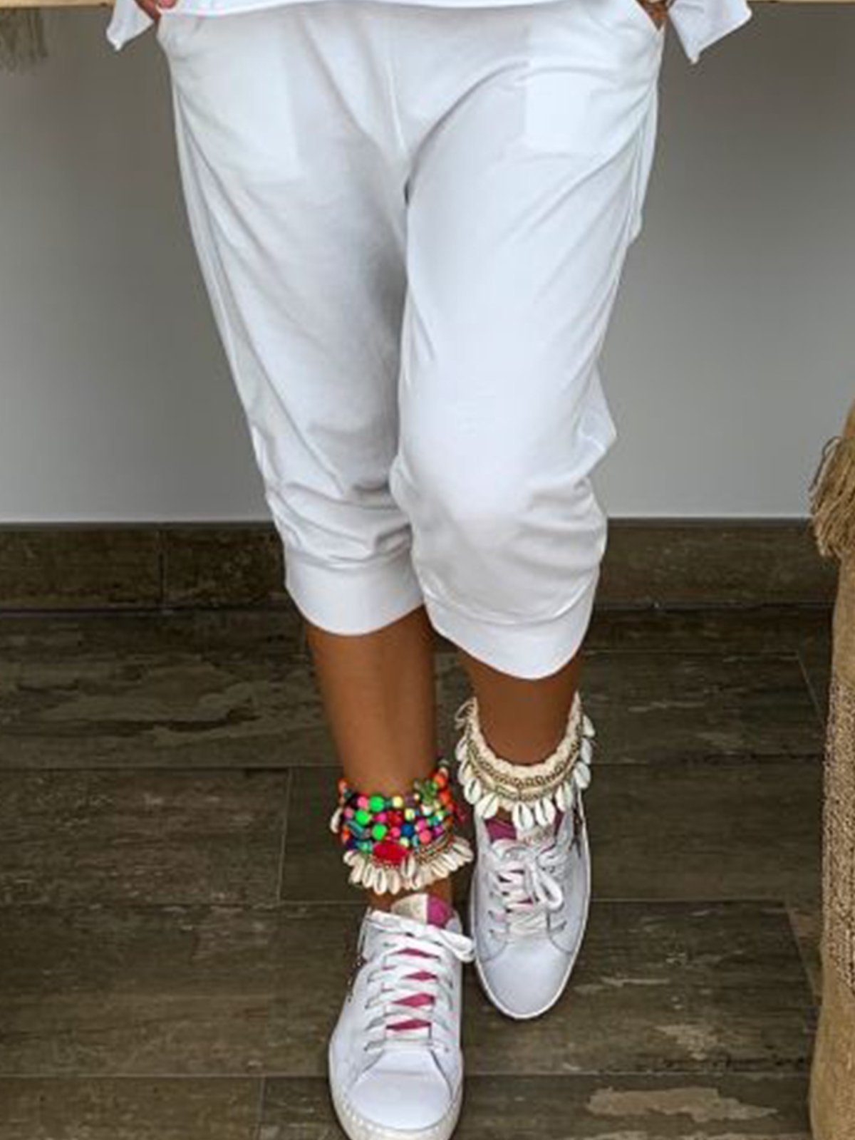 White Pockets Casual Cotton-Blend Solid Pants