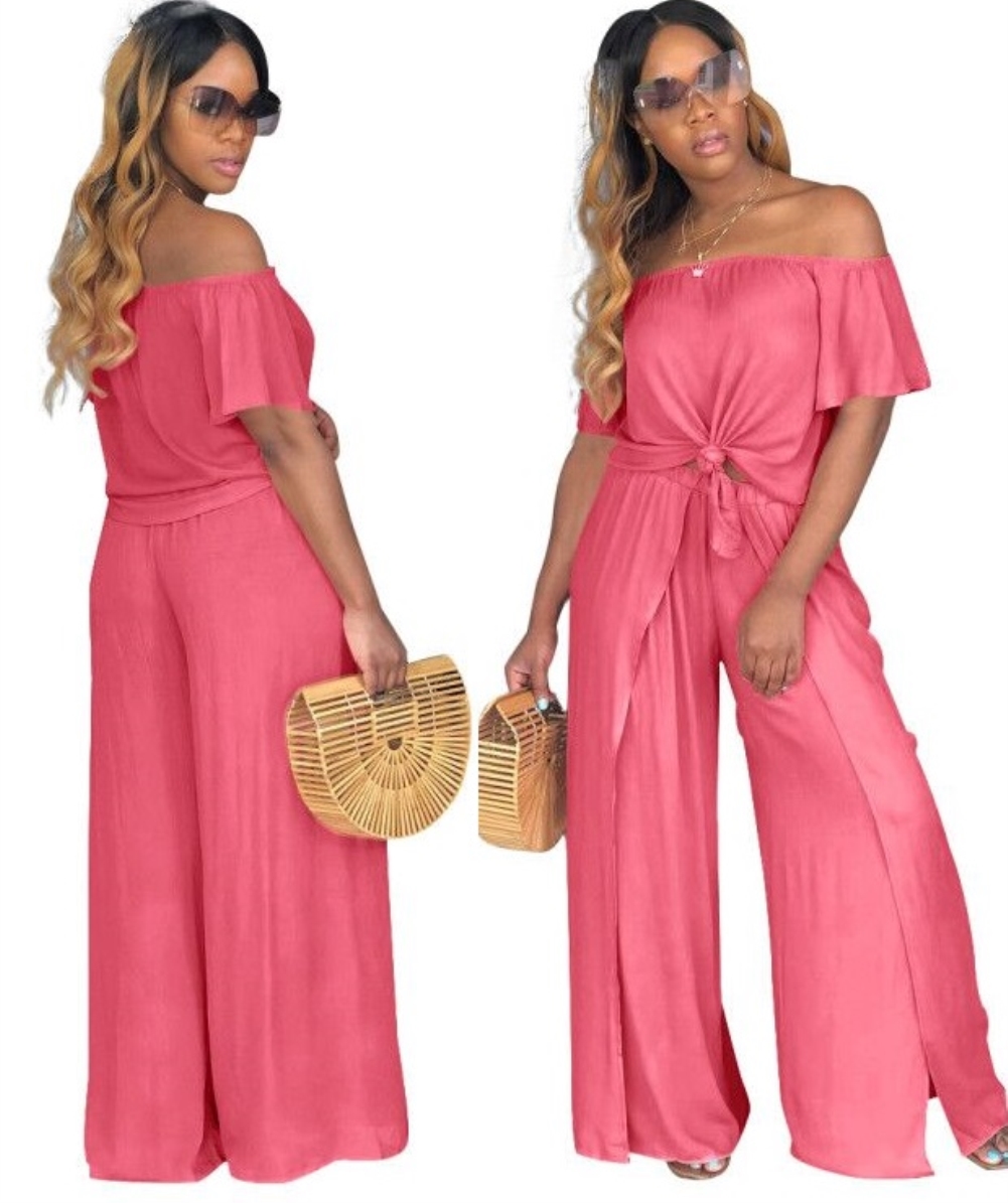 Summer Off Shoulder Plain Shirt and Loose Pants