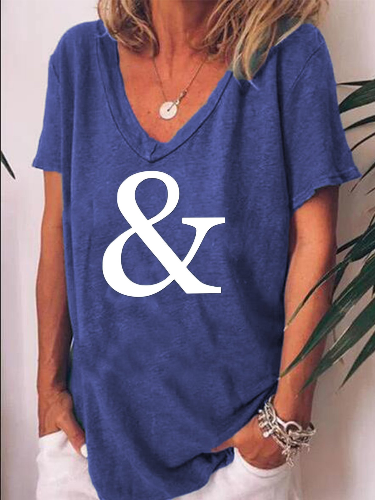 V Neck Printed Cotton-Blend Short Sleeve Shirts & Tops