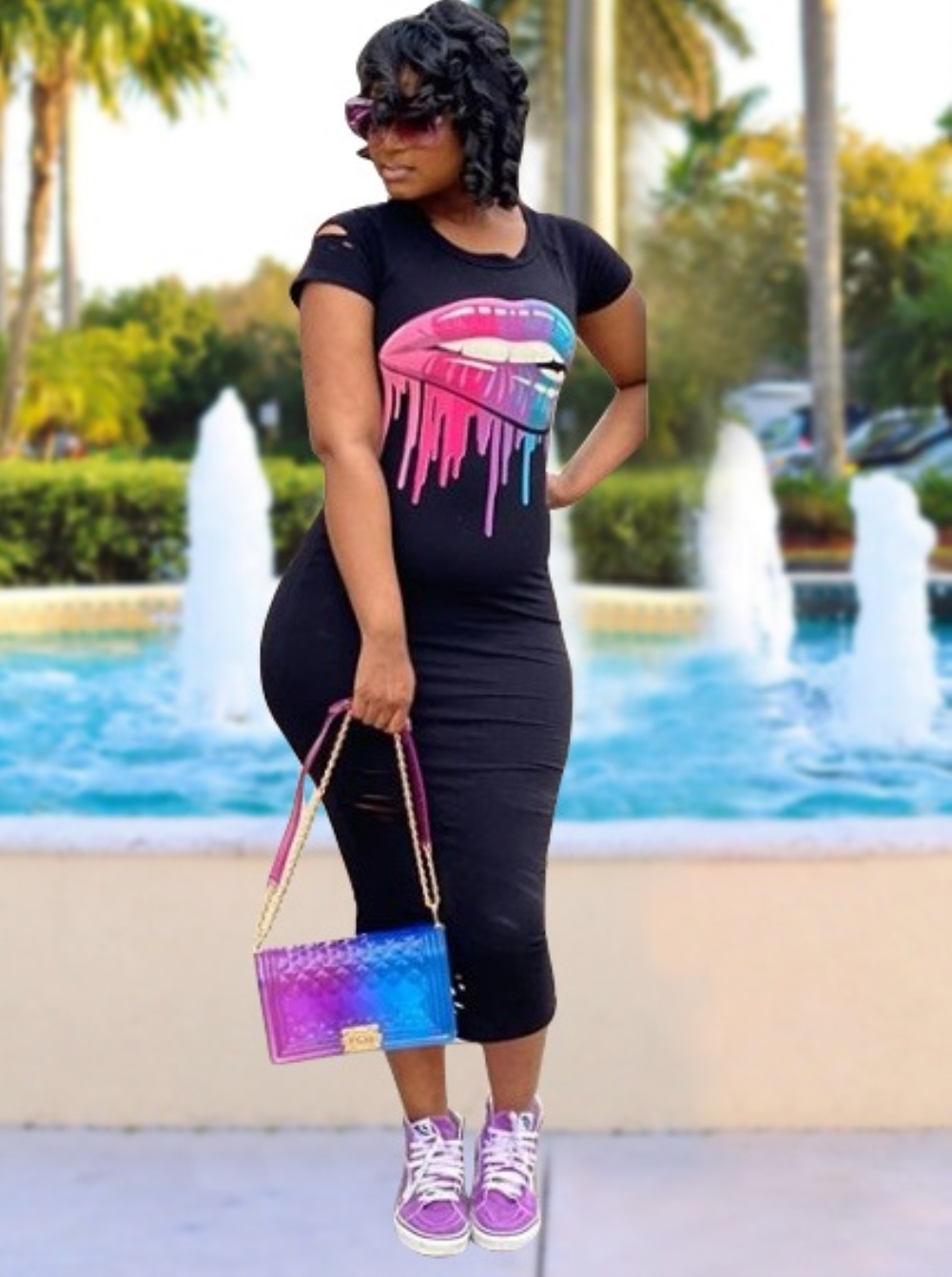 Summer Lips Print Long Shirt Dress