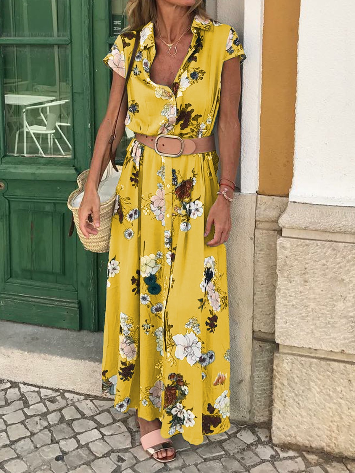 Shirt Collar Women Dresses Shift Daily Cotton-Blend Floral Dresses