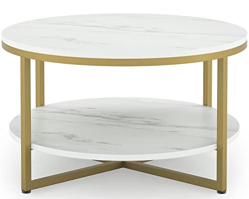 Round Coffee Table with Gold Metal Legs & Open Storage Shelf for Living Room